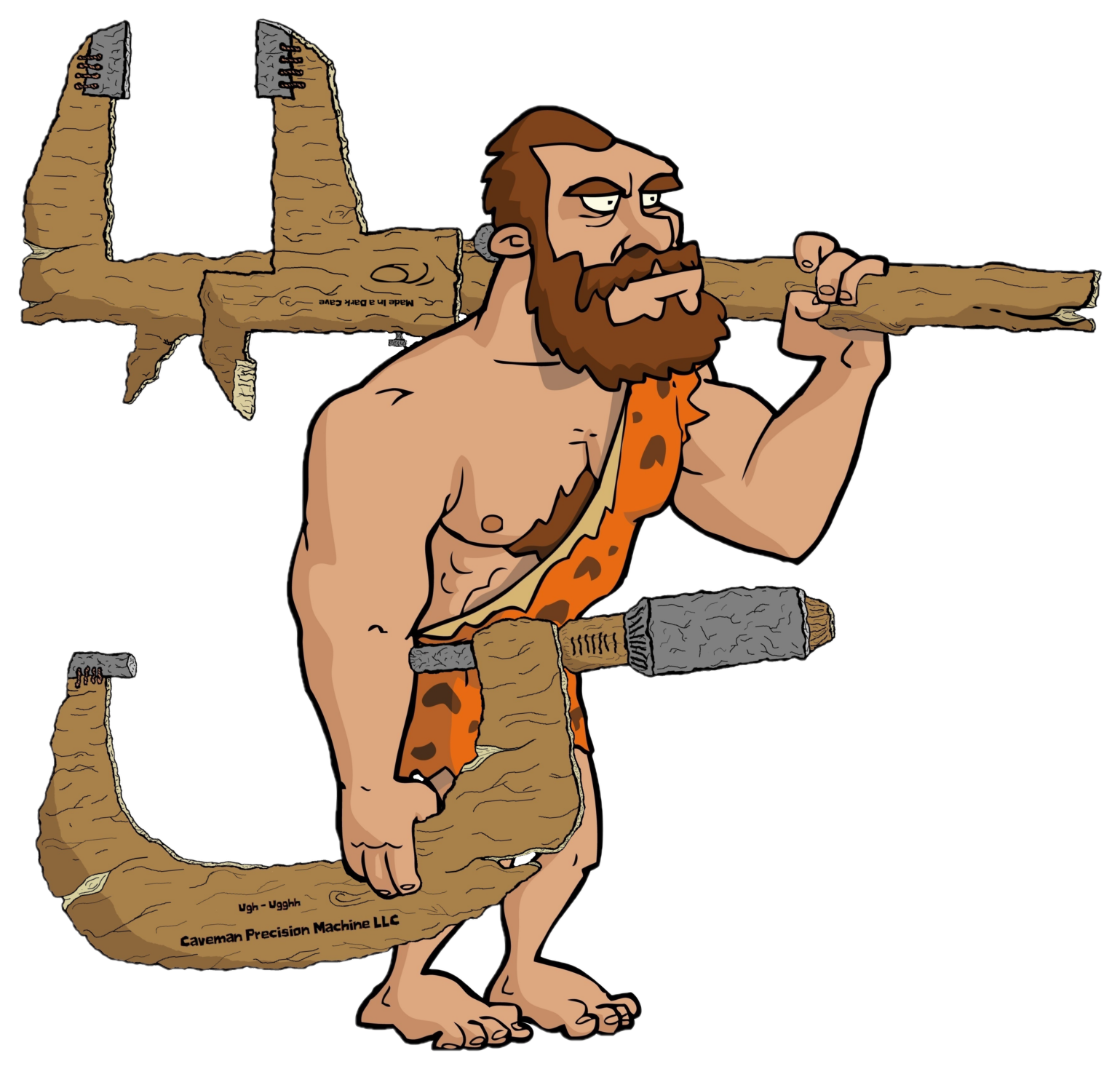 Caveman Precision Machine mascot holding wood and stone calipers